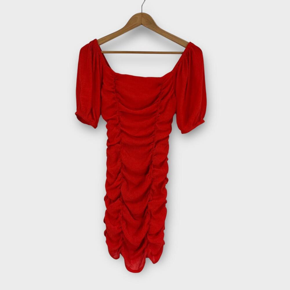 Moon River Women’s Size Small Red Orange Ruched Puff Sleeve Bodycon Mini Dress